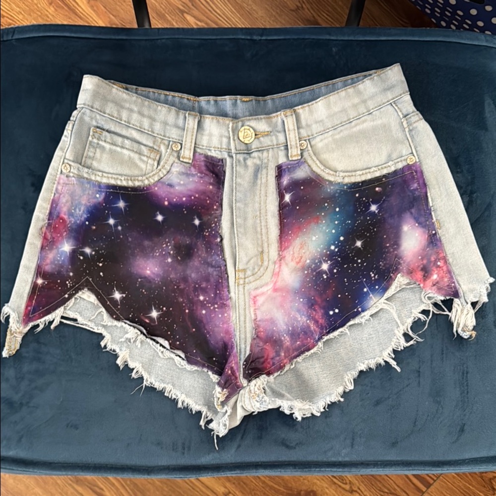 UNIF Purple and Pink Jean Shorts with Distressed Galaxy Design